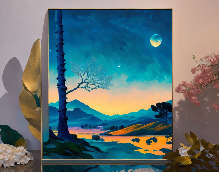 Vibrant nocturnal landscape painting with moonlit sky, tree, hills, and river in room