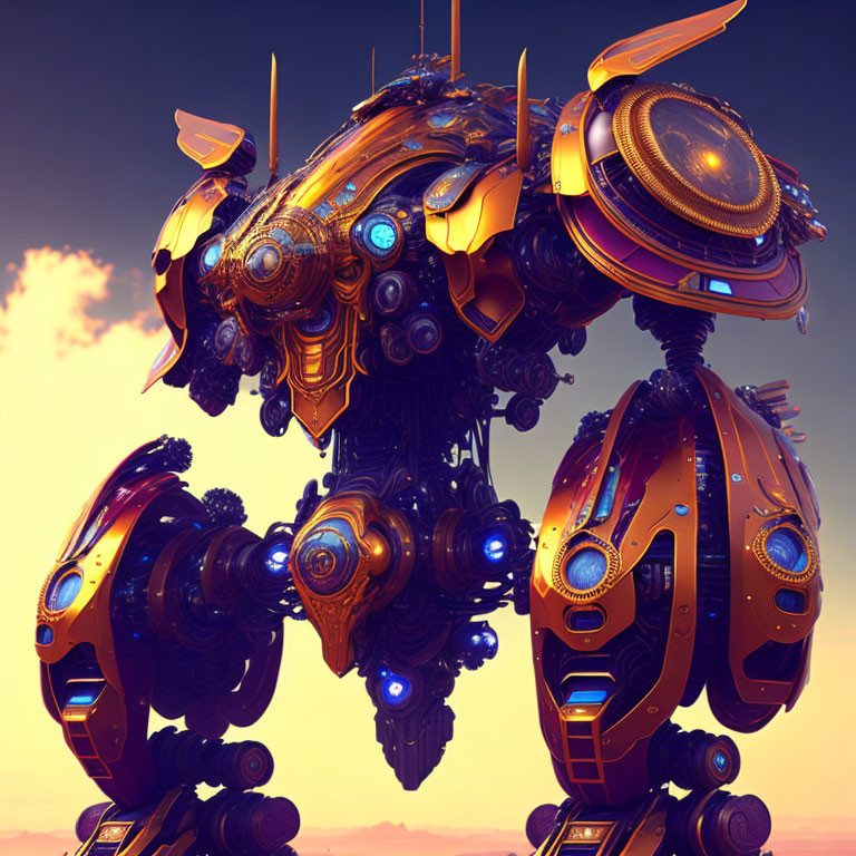 Detailed Futuristic Robot with Orange and Gold Plating in Dusky Sky