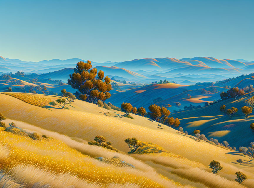 Scenic golden hills with scattered trees and long shadows