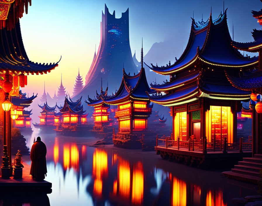Ancient Chinese cityscape with lanterns, river, and mountains