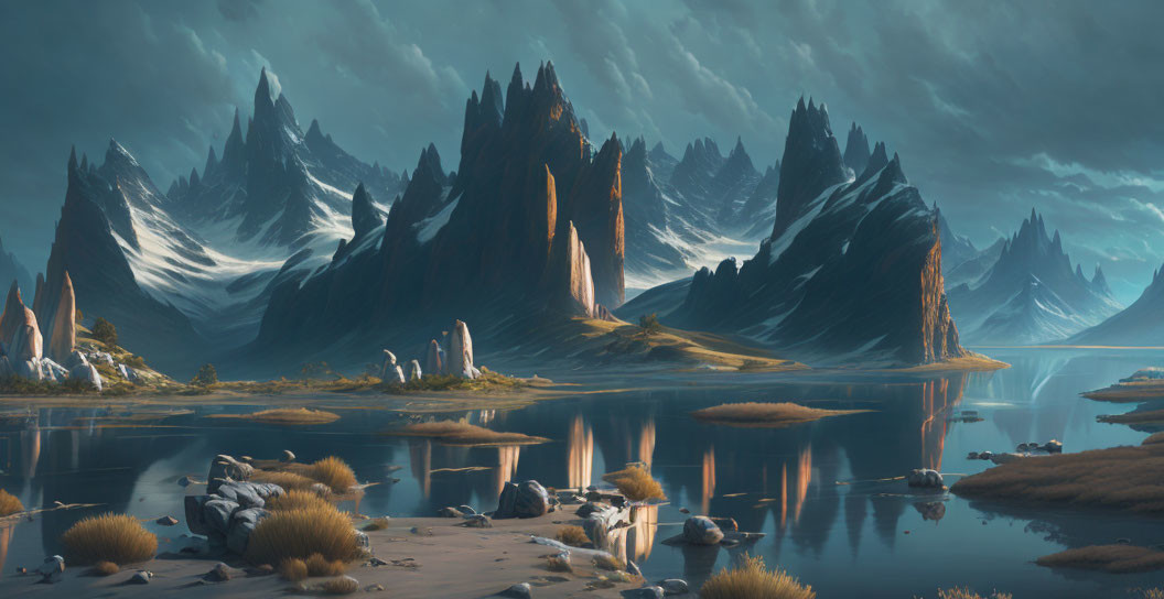 Majestic mountains, tranquil lakes, sparse vegetation in fantasy landscape