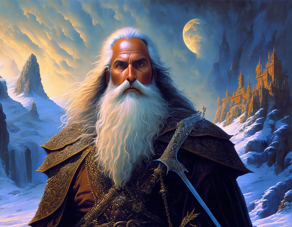 Majestic wizard with staff in snowy mountain landscape