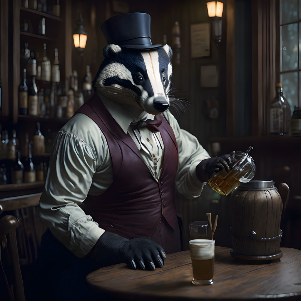 Anthropomorphic badger in vest and top hat pouring drink in old-fashioned bar