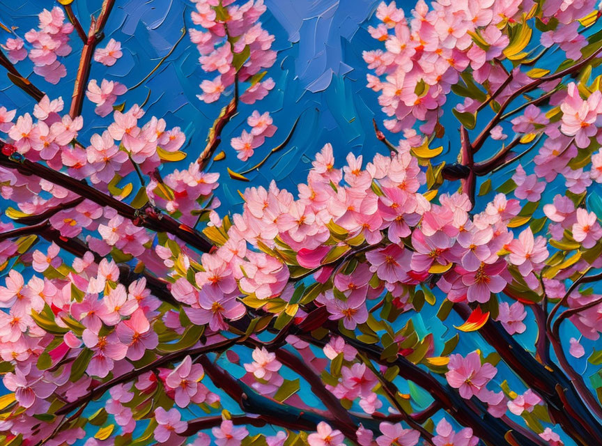 Pink Cherry Blossoms in Full Bloom Against Blue Sky