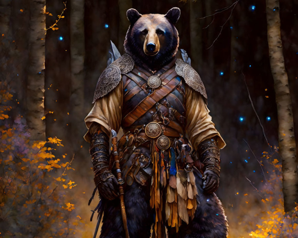 Bear in medieval armor standing in woodland scenery