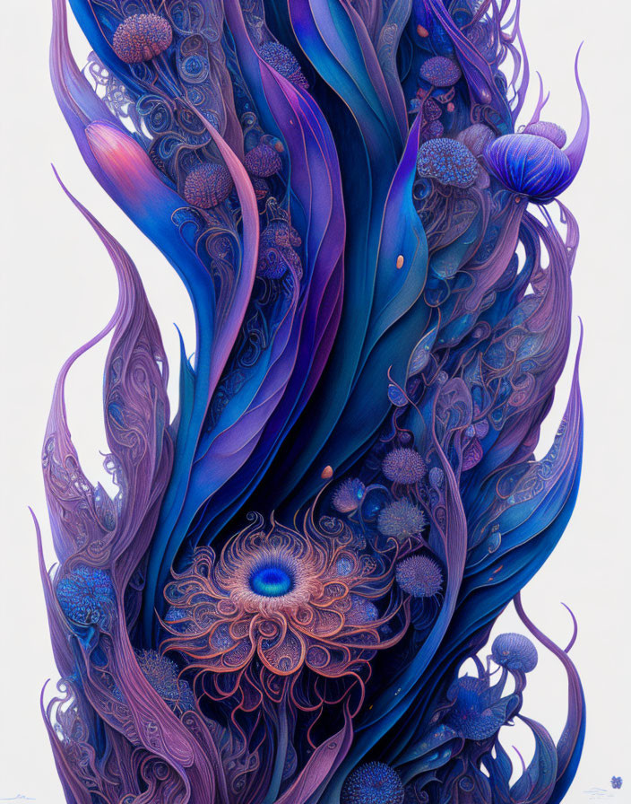 Abstract digital artwork: Blue and purple organic swirls and shapes