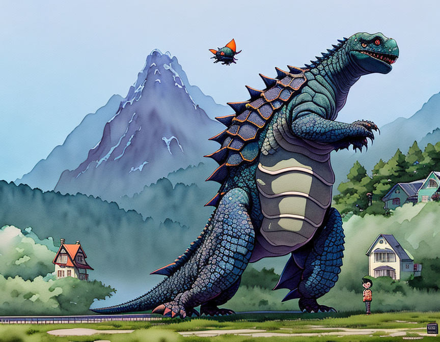 Stylized illustration of blue dinosaur near homes, with figure and flying robot