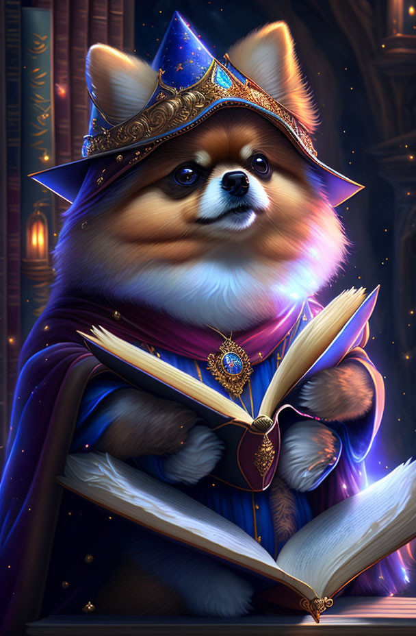 Scholarly corgi dog in wizard attire reading magical book in library setting