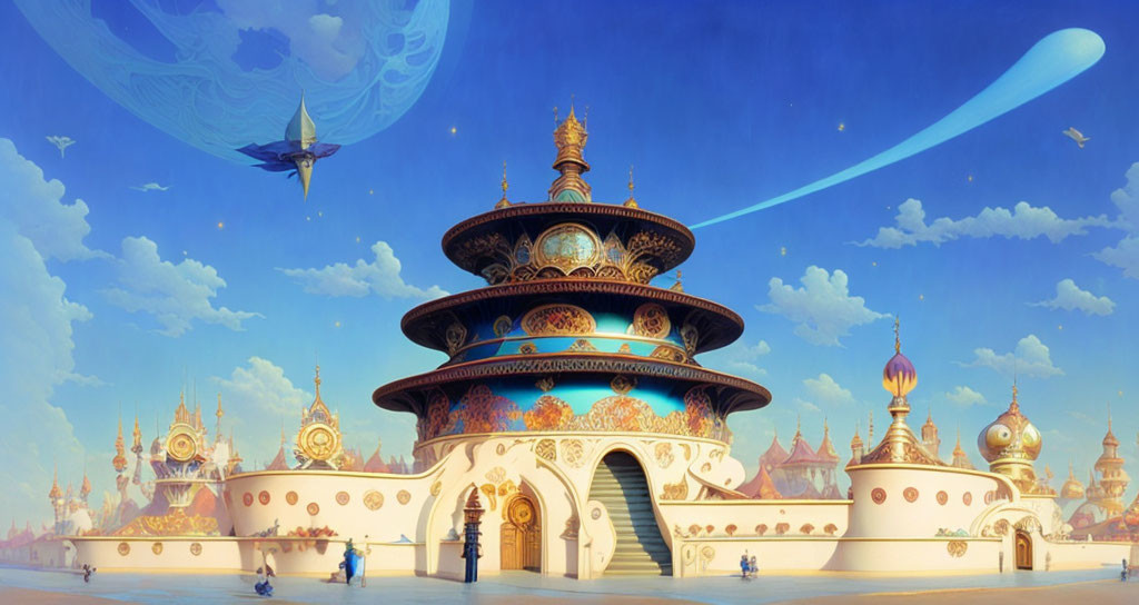 Ornate fantasy cityscape with blue planet and comets in serene world