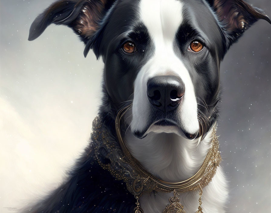 Detailed Black and White Dog Portrait with Amber Eyes and Golden Jewelry