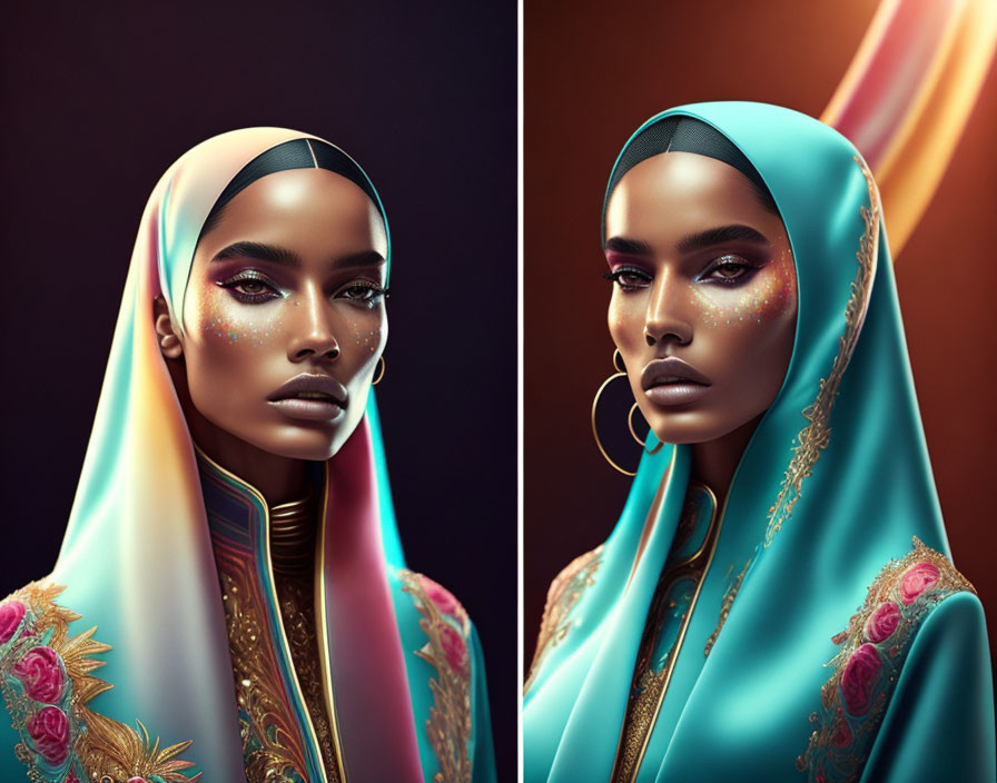 Detailed digital artwork: Woman in hijab with intricate makeup on warm-toned background