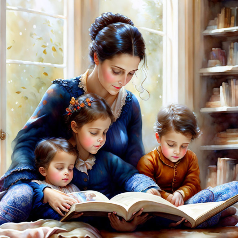 Woman reading book to three children in cozy setting