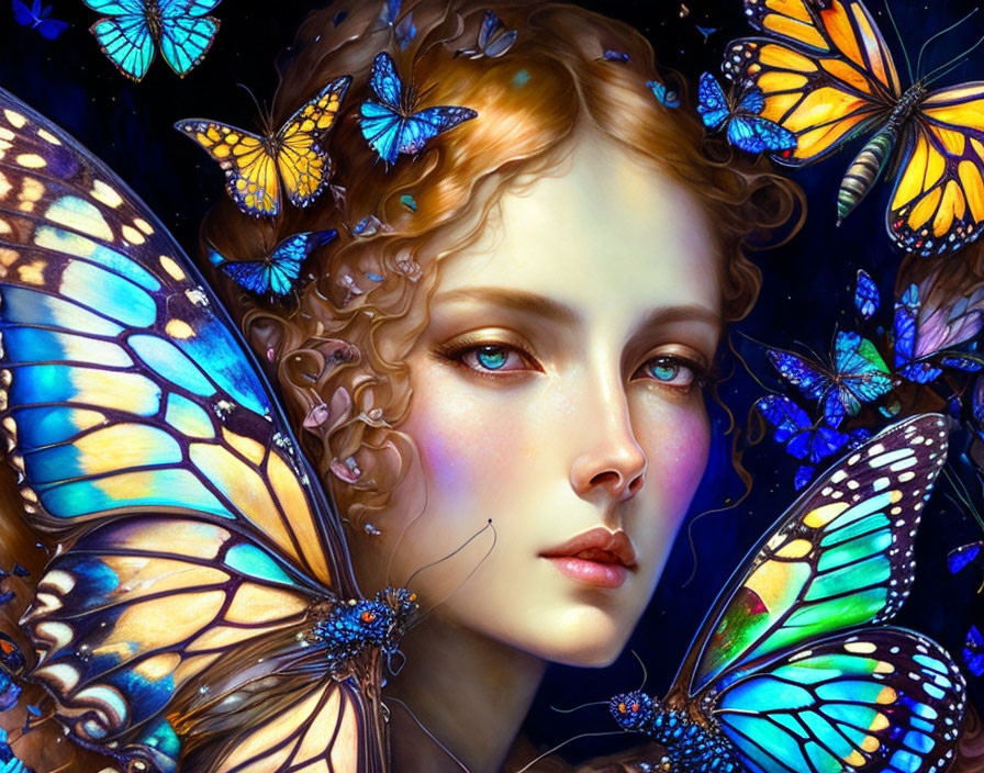 Detailed digital portrait of woman with butterfly wings in vibrant blues and oranges