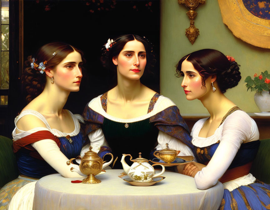 Vintage Attired Women at Tea Table against Dark Background