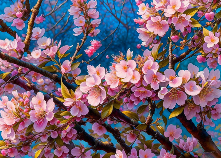 Close-up of vibrant pink cherry blossoms on branches against blue background