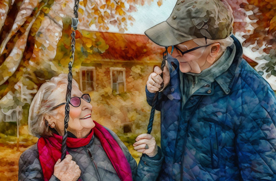 Elderly Couple Smiling on Swing in Front of Autumn House