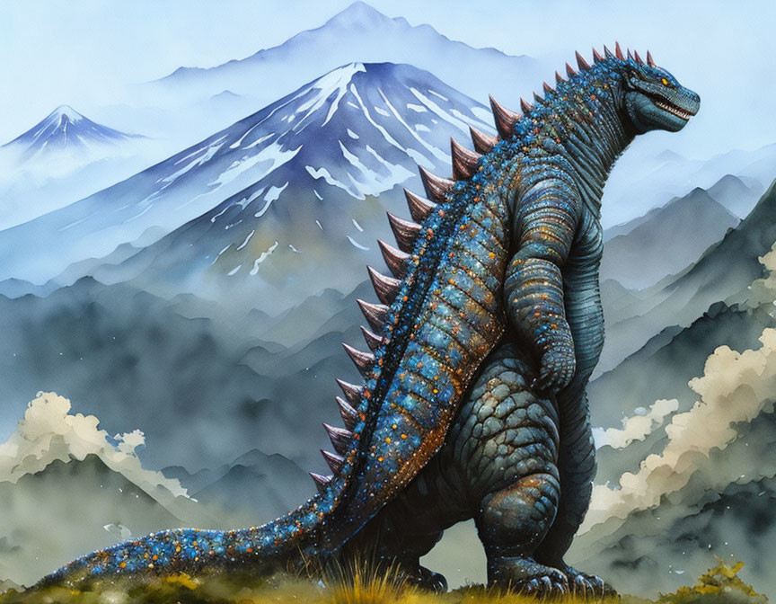 Giant Godzilla in snowy mountain landscape