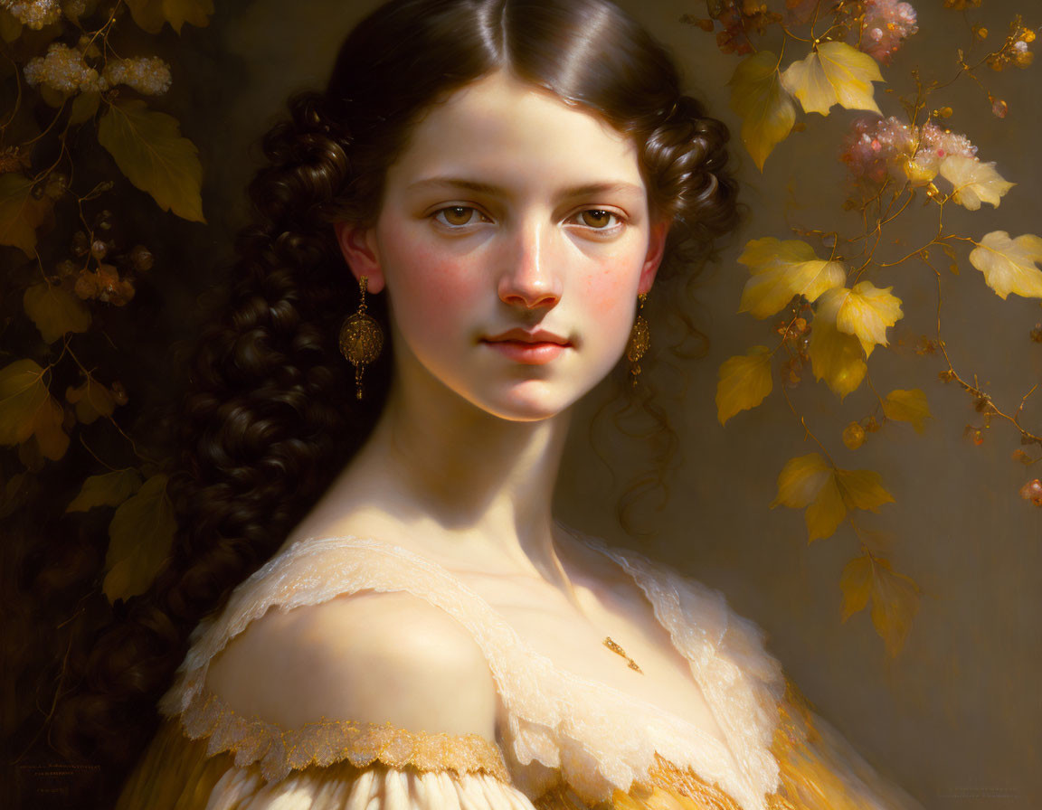 Young woman portrait with curly hair, rosy cheeks, yellow dress, and fall foliage.