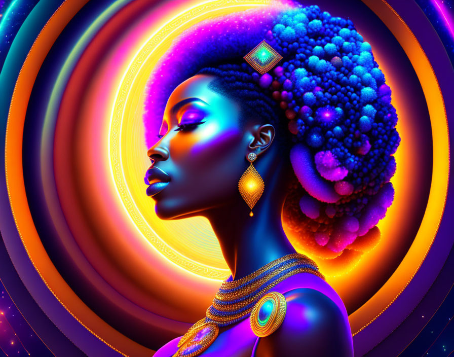 Colorful digital artwork of woman with afro hair & gold jewelry on swirling background