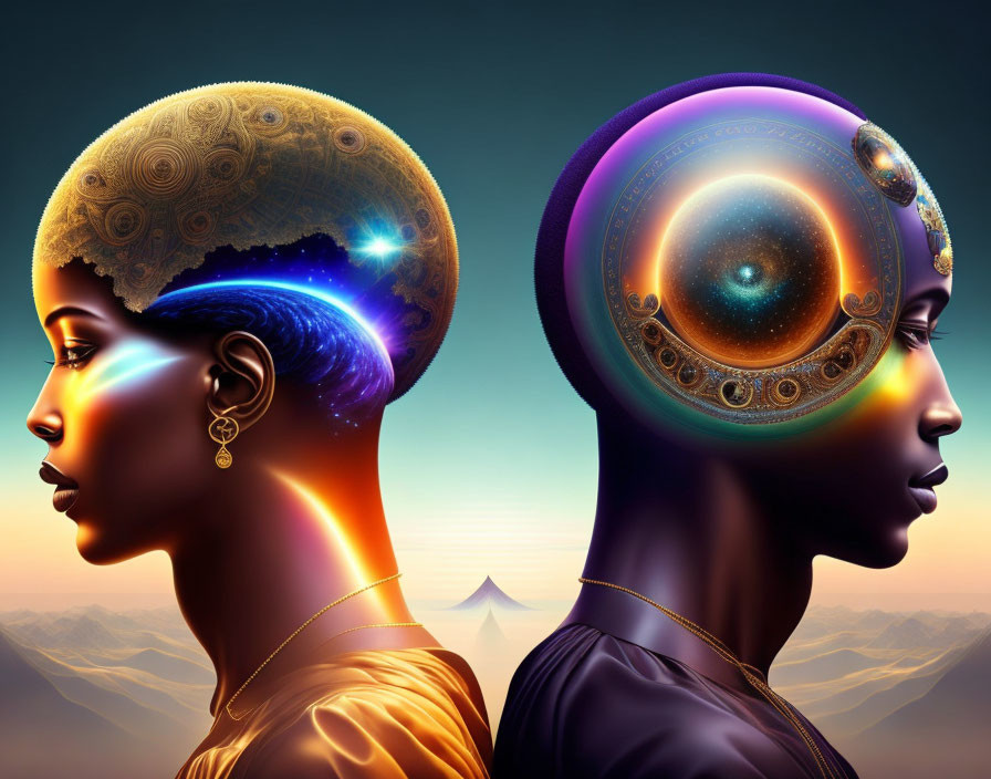 Stylized surreal human figures with cosmic elements in their heads