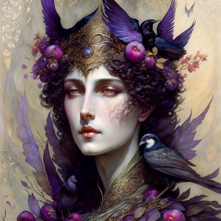 Ethereal figure with regal crown and purple-winged birds.