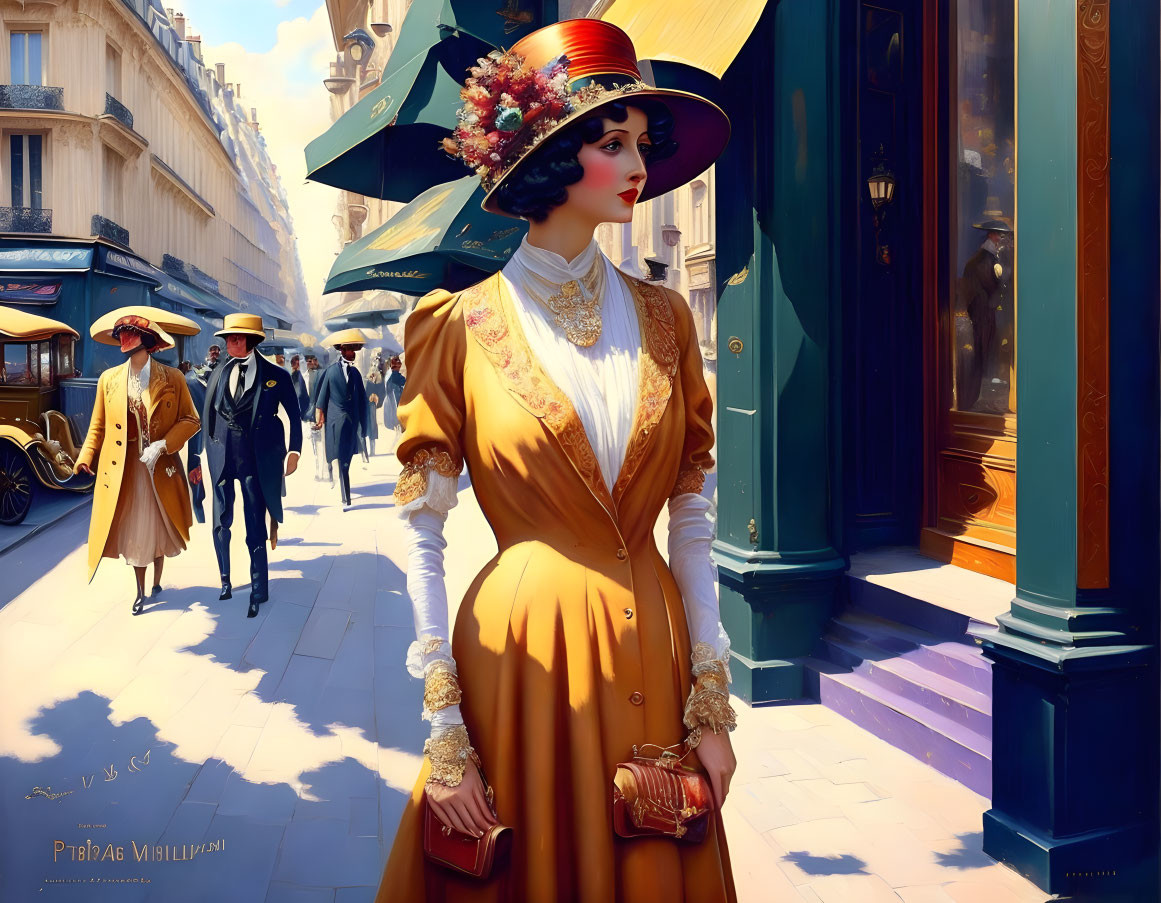 Digital painting of elegant woman in vintage attire with floral hat on sunny city street