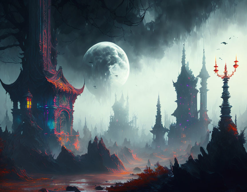 Fantasy landscape with ornate towers, glowing windows, and eerie trees