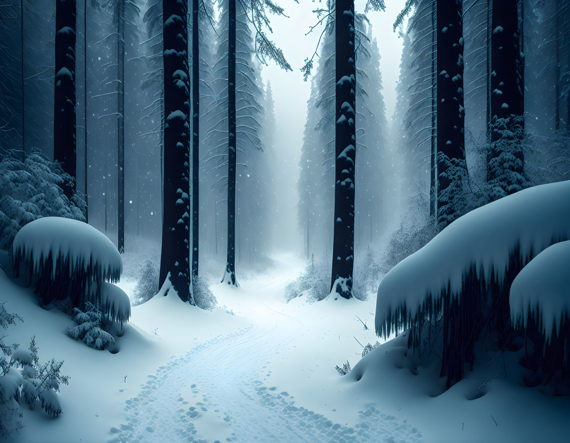 Snowy forest scene with tall trees, soft snowfall, footprints, serene blue hue