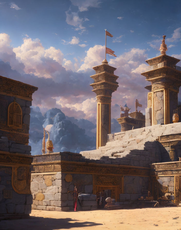 Ancient city with towering columns and red-cloaked figure in dramatic sky