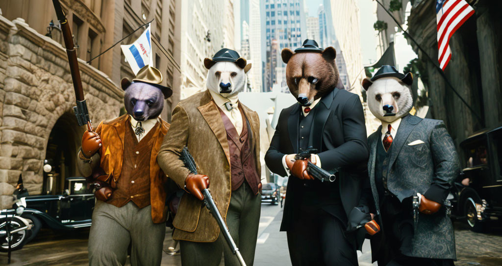 Anthropomorphic bears in vintage suits with weapons on city street