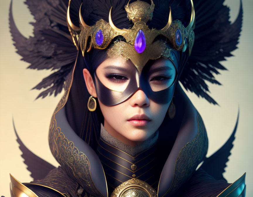 Digital Artwork: Woman with Black and Gold Mask and Feathered Headdress