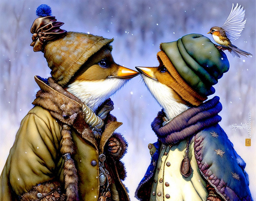 Anthropomorphic foxes in winter clothes with a bird on a beak in snowy setting