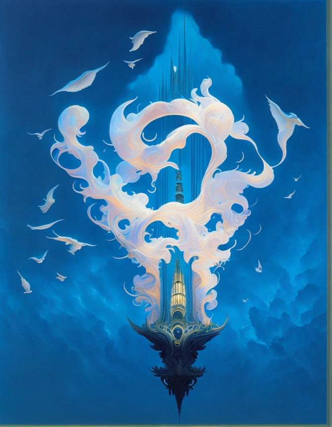 Fantastical painting: Towering spire, swirling clouds, fish in the air