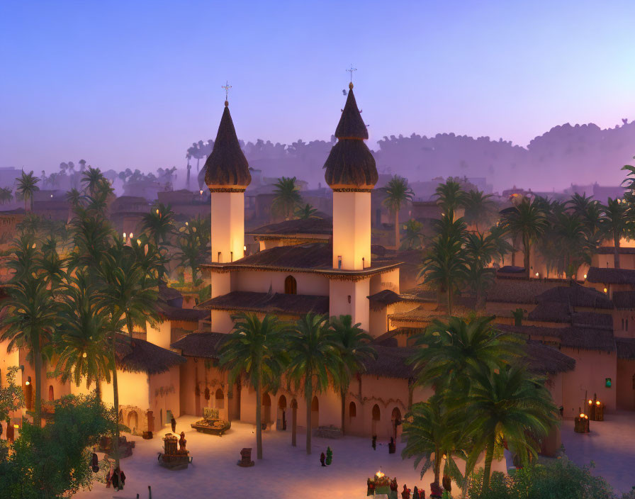 Traditional village at dusk with palm trees, twin towers, and courtyard scene.