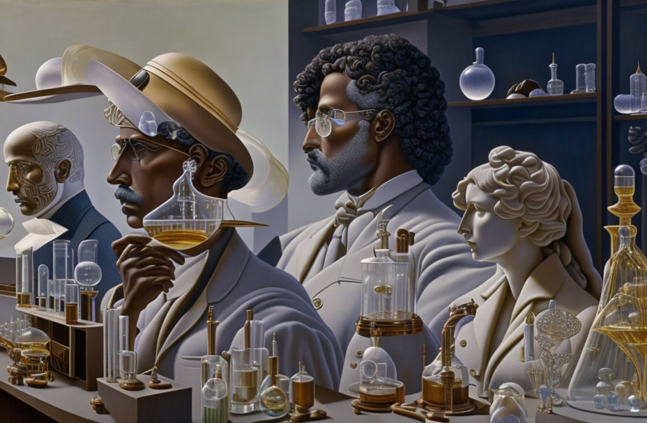 Stylized individuals in classic laboratory setting with intricate glassware