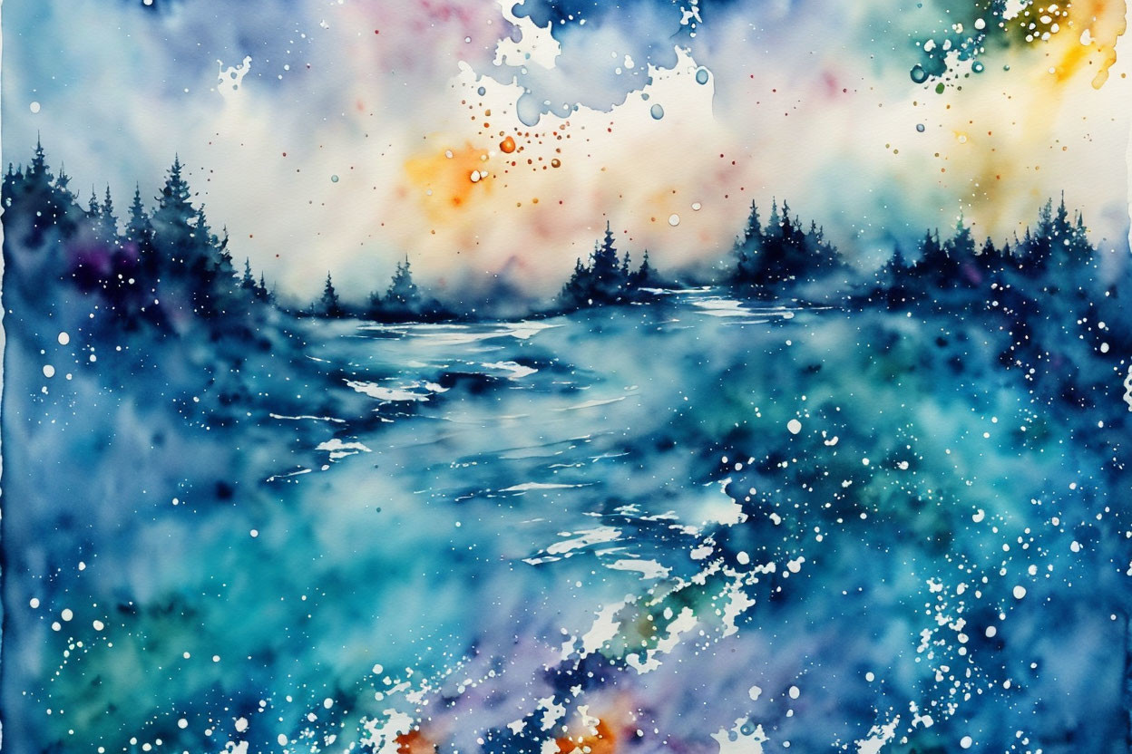 Misty Forest River Watercolor Painting with Vibrant Colors