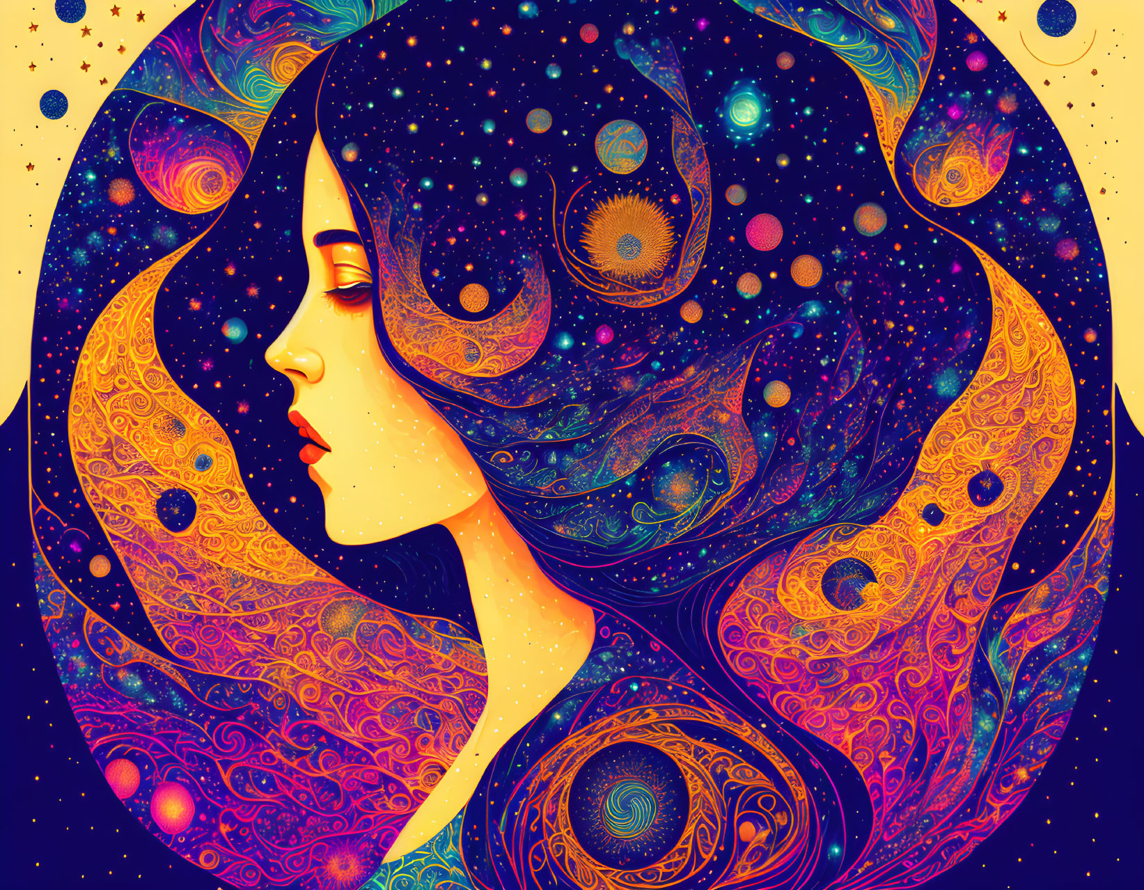 Colorful woman's profile with cosmic patterns and stars in flowing hair