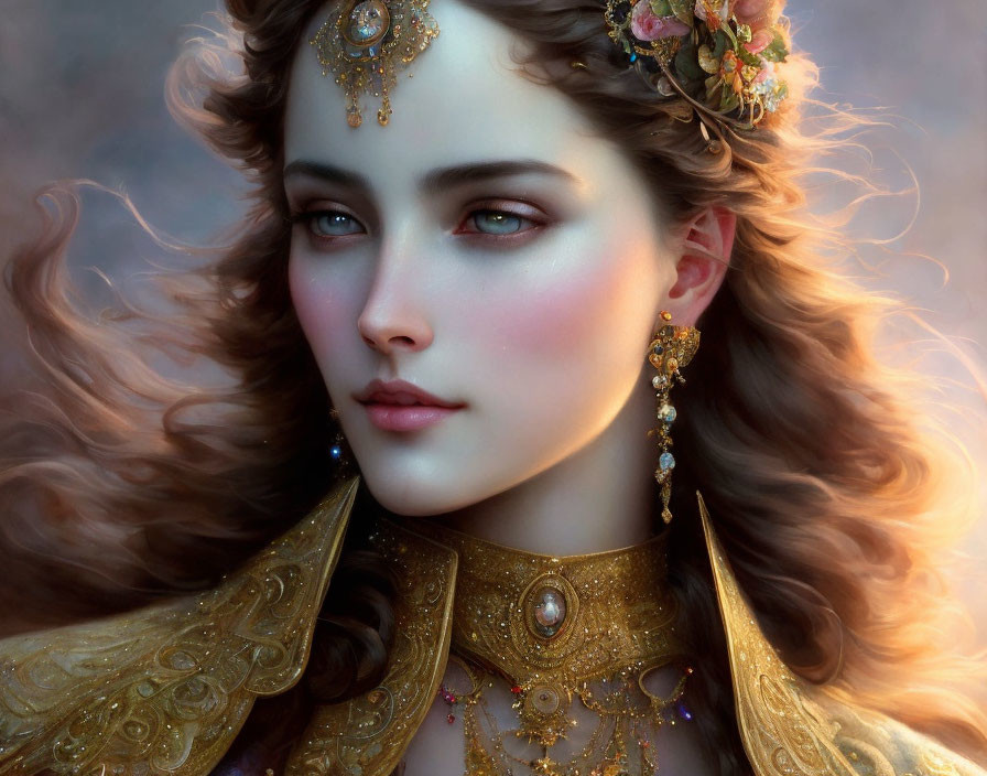 Detailed illustration of woman with flowing hair and gold jewelry