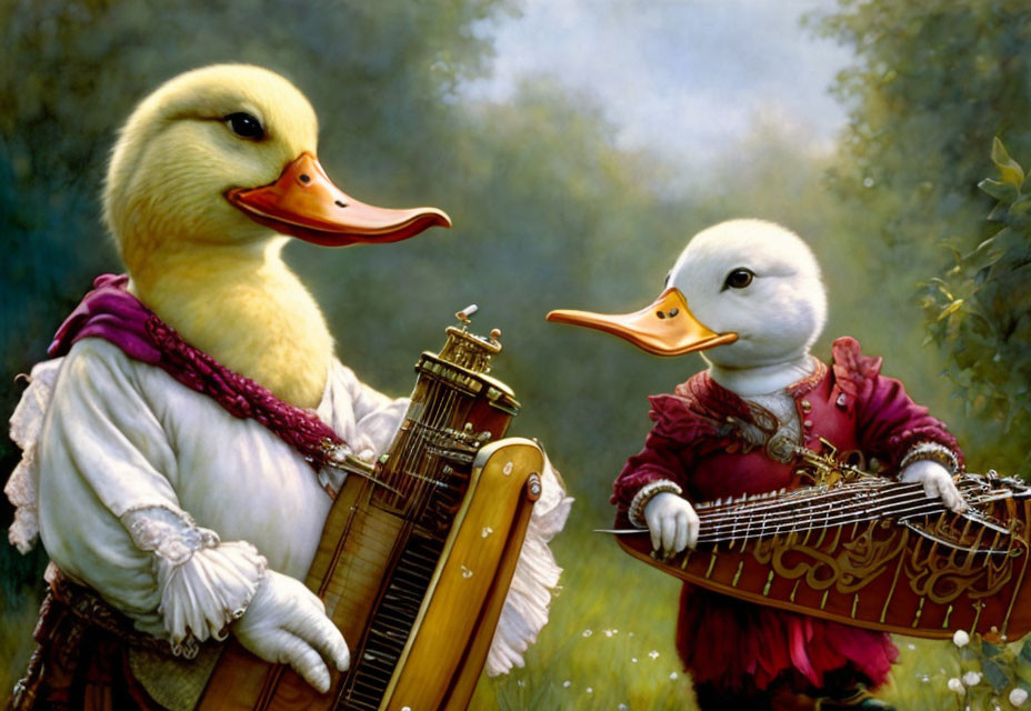Elegantly dressed ducks playing harp and lute in serene setting