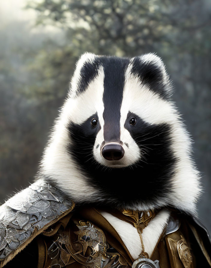 Detailed Silver Armor on Anthropomorphic Badger in Misty Forest