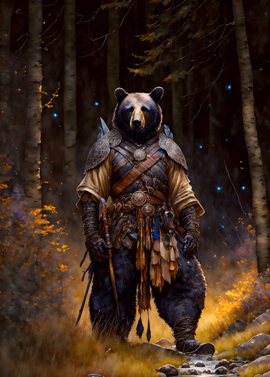 Bear in medieval armor standing in woodland scenery