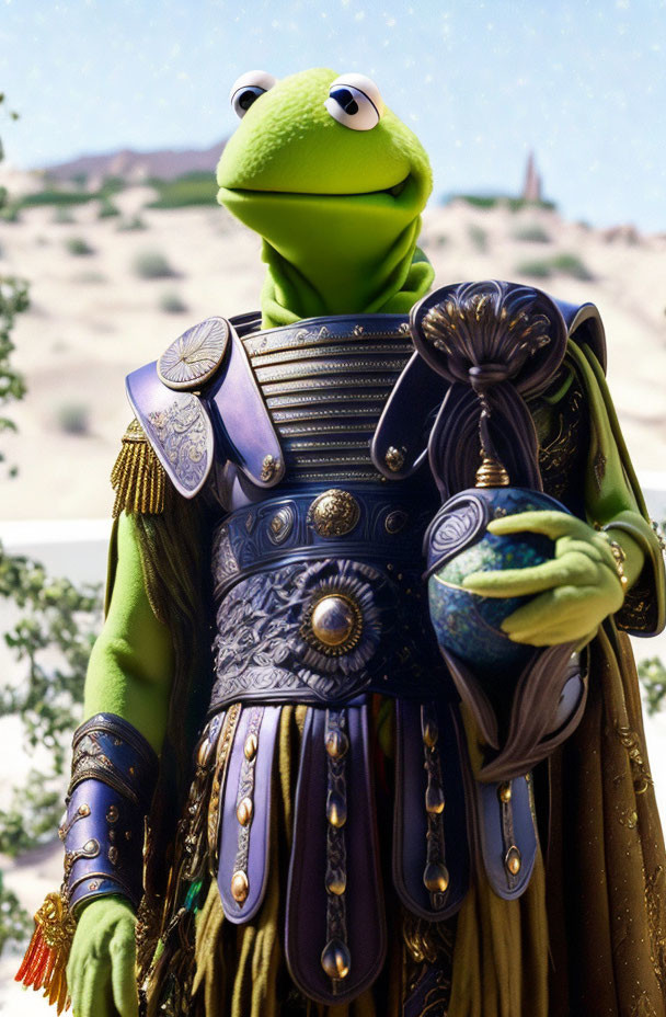 Frog puppet in medieval armor and robes against desert backdrop