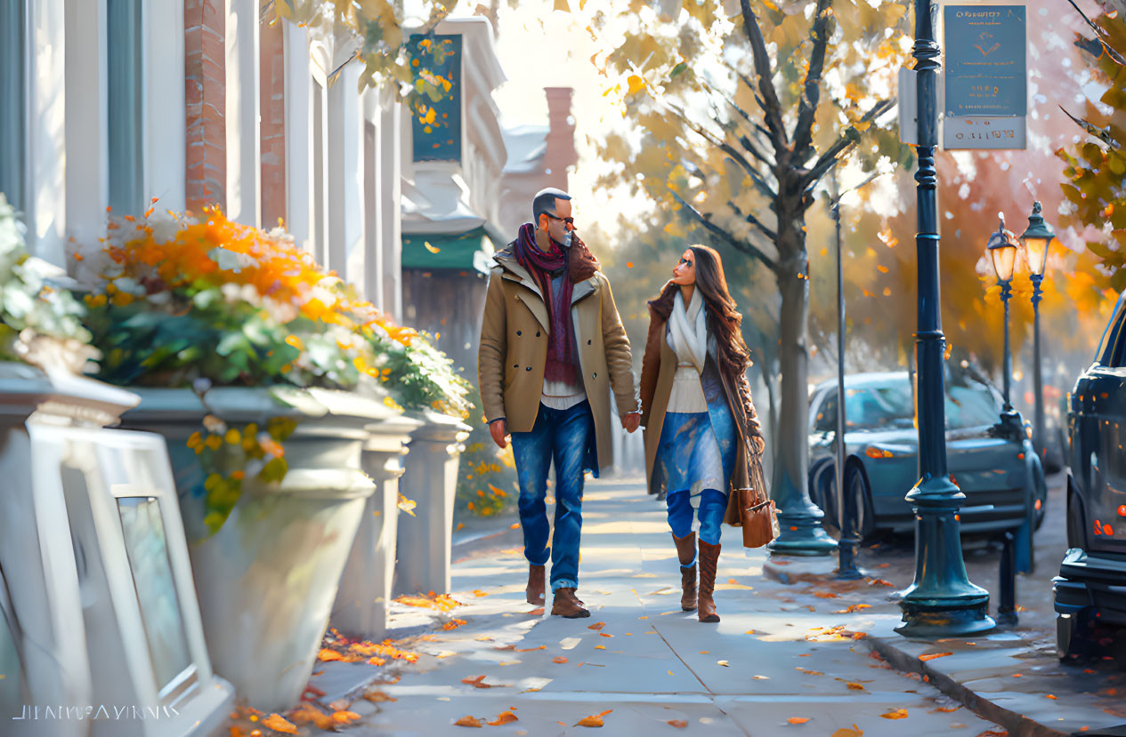 Fashionable couple strolling on sunlit autumn street