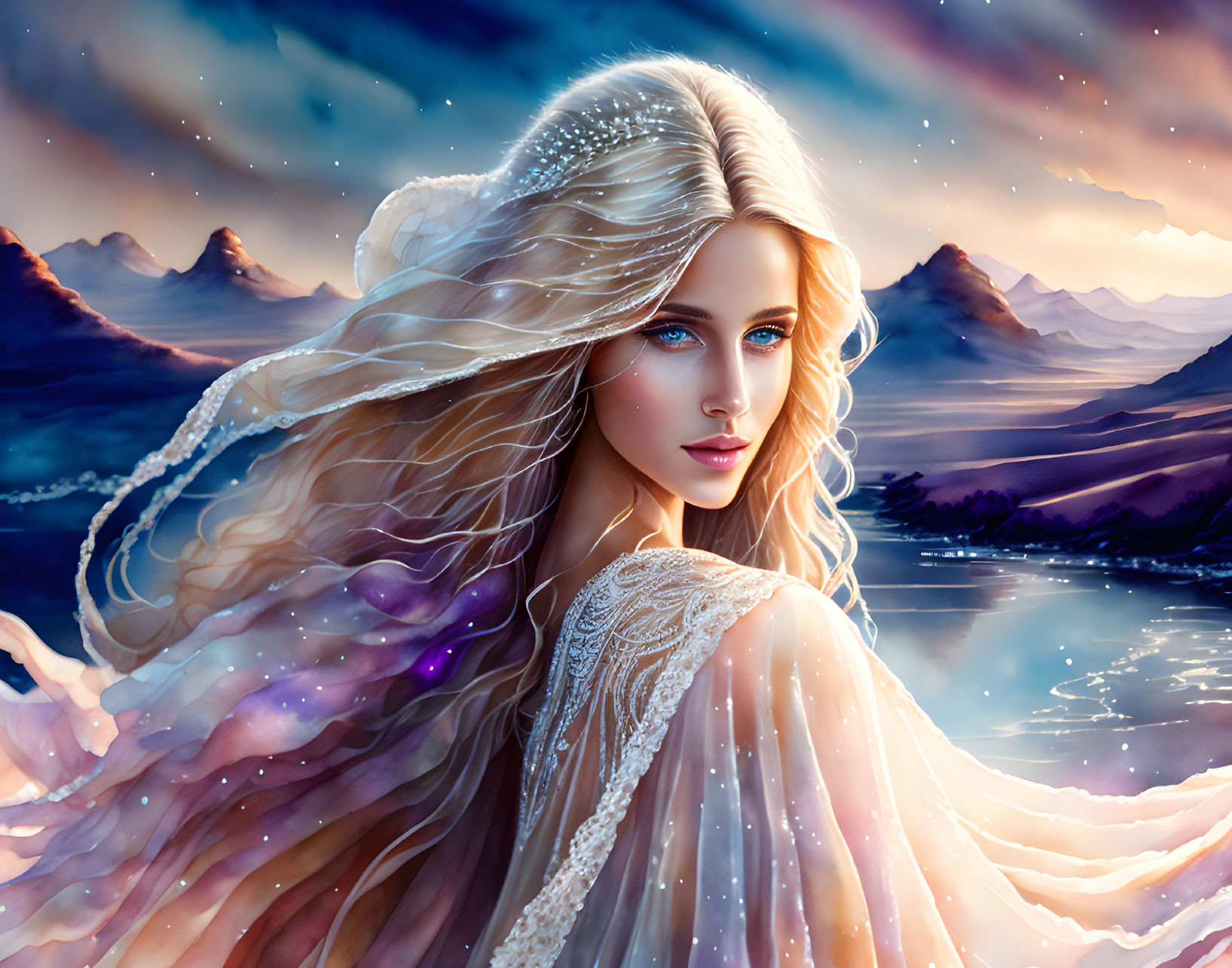 Ethereal Woman with Golden Hair in Twilight Setting