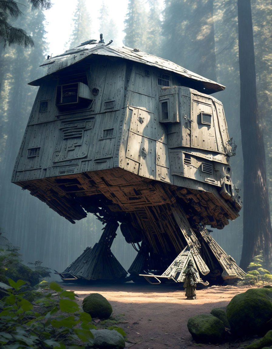 Rustic wooden hut on mechanical legs in misty forest