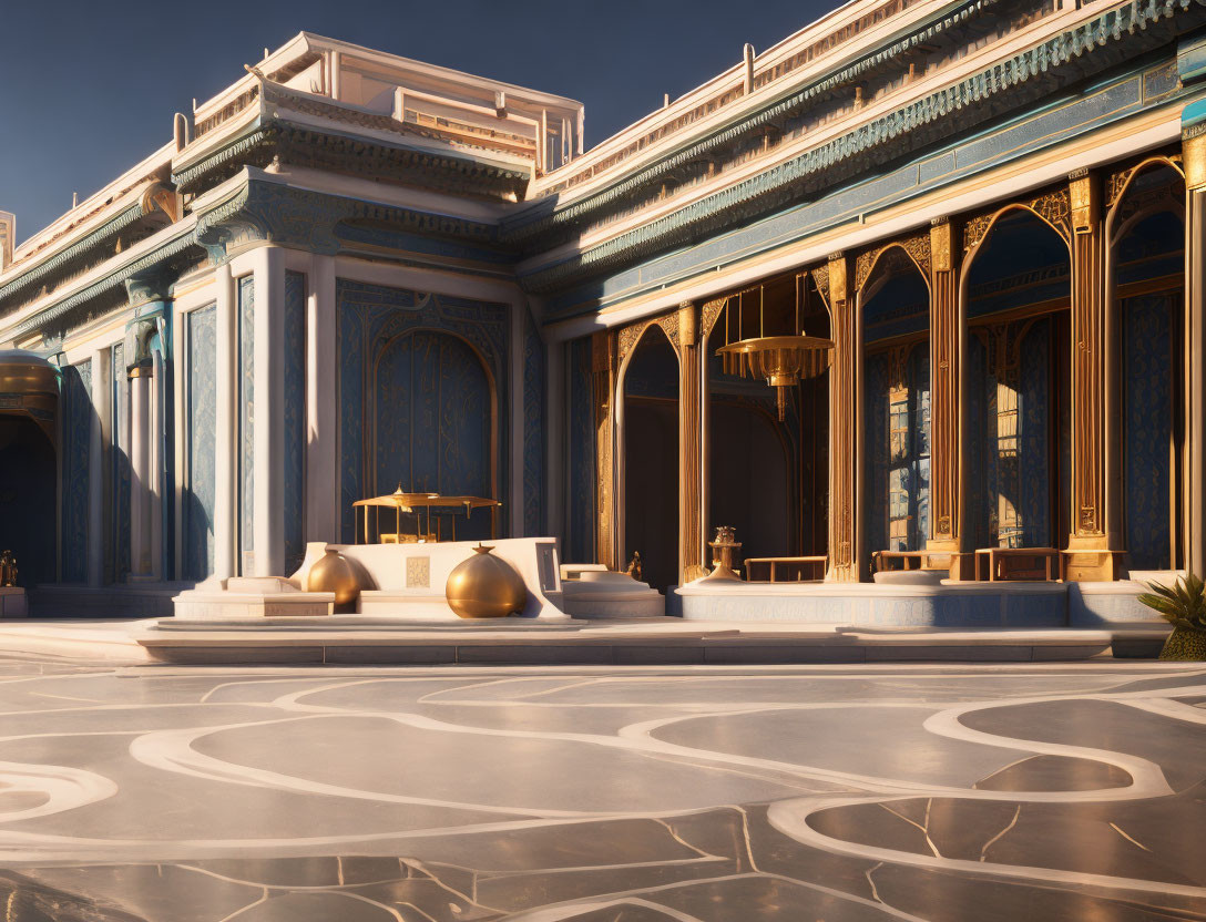 Luxurious classical building with marble floors, golden accents, and pillars in a sunset or sunrise setting