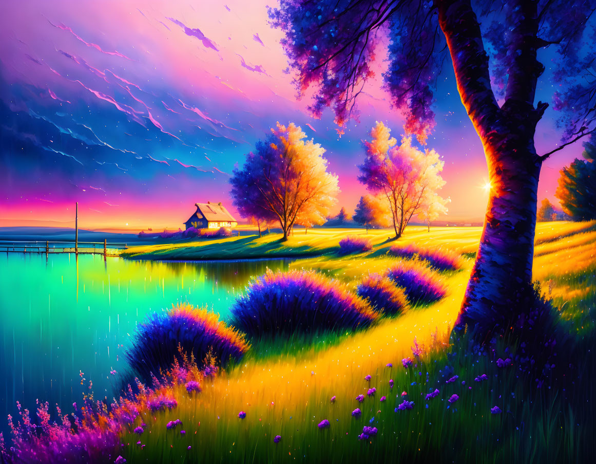 Colorful sunset landscape with lightning bolt, house by lake, trees, and flower fields