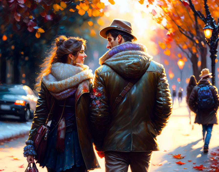 Couple in warm clothing strolling on tree-lined street with autumn leaves and glowing streetlights