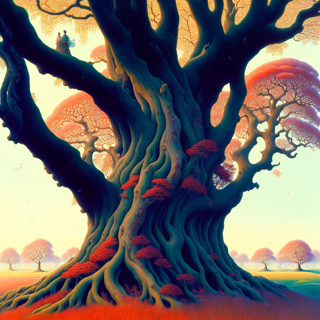 Vibrant artwork of twisting tree with orange and red canopy and small figures