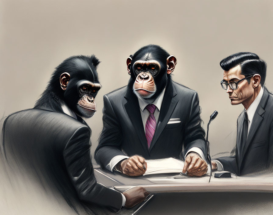 Chimpanzees and man in business attire at meeting with pen.